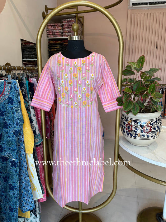"Aabharan" Pink Embroidered Cotton kurta - Image 2