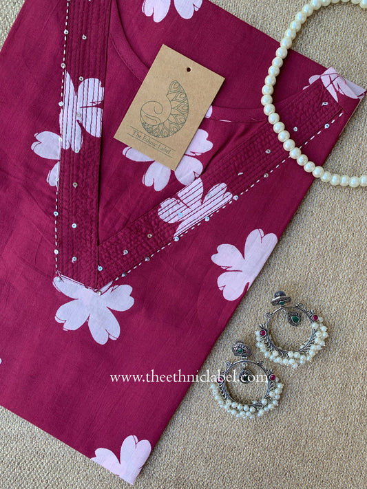 "Tulika" Wine Floral Pure Cotton Kurta