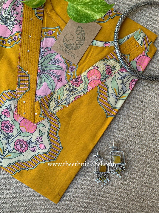 "Leela" Yellow Boota Pure Cotton kurta