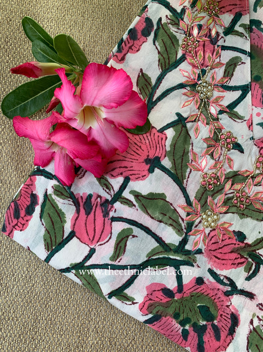 "Rupaka" Hand Embroidered Block Printed White Cotton kurta