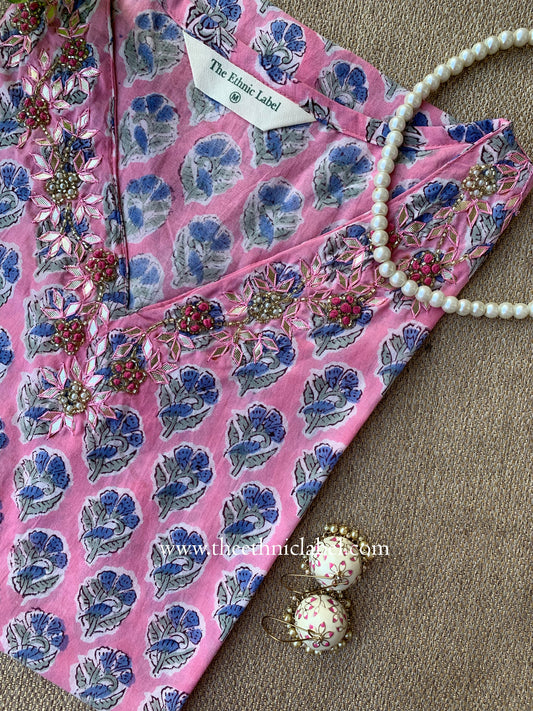 "Mridu" Hand Embroidered Block Printed Pink Cotton kurta