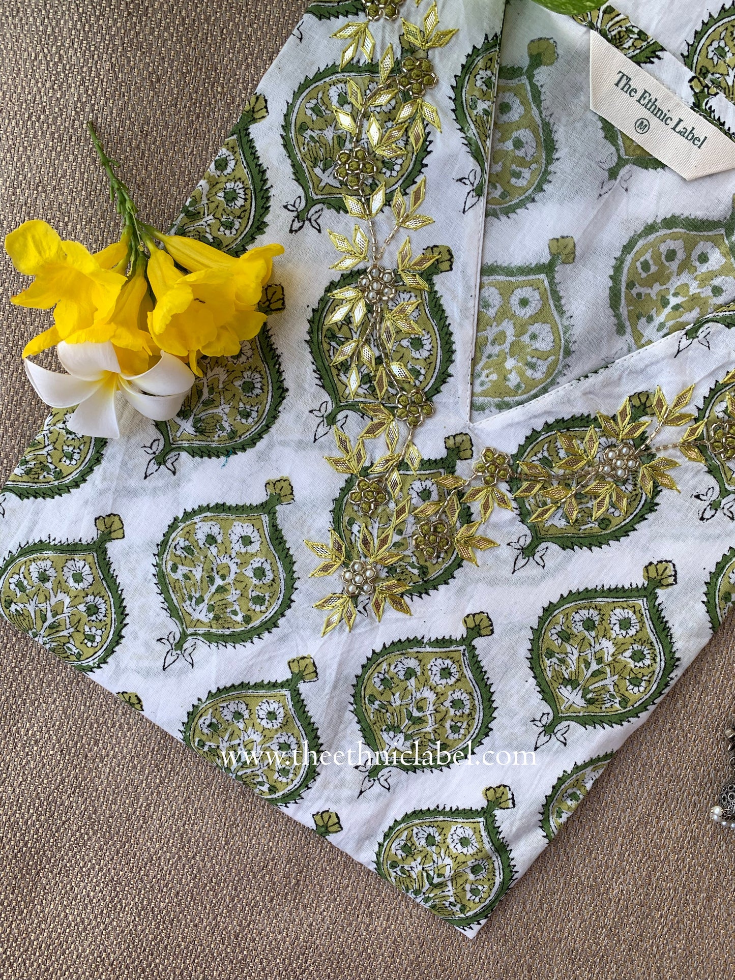 "Tasveer" Hand Embroidered Block Printed White Cotton kurta