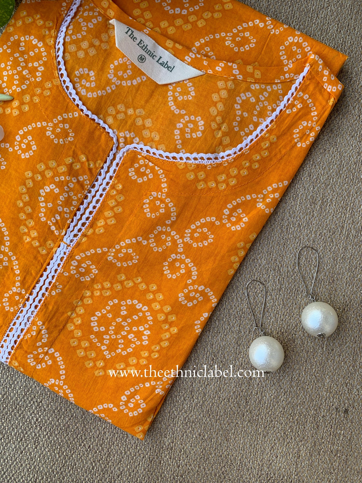 "Nadia" Bandhani Yellow Laced Cotton Kurta