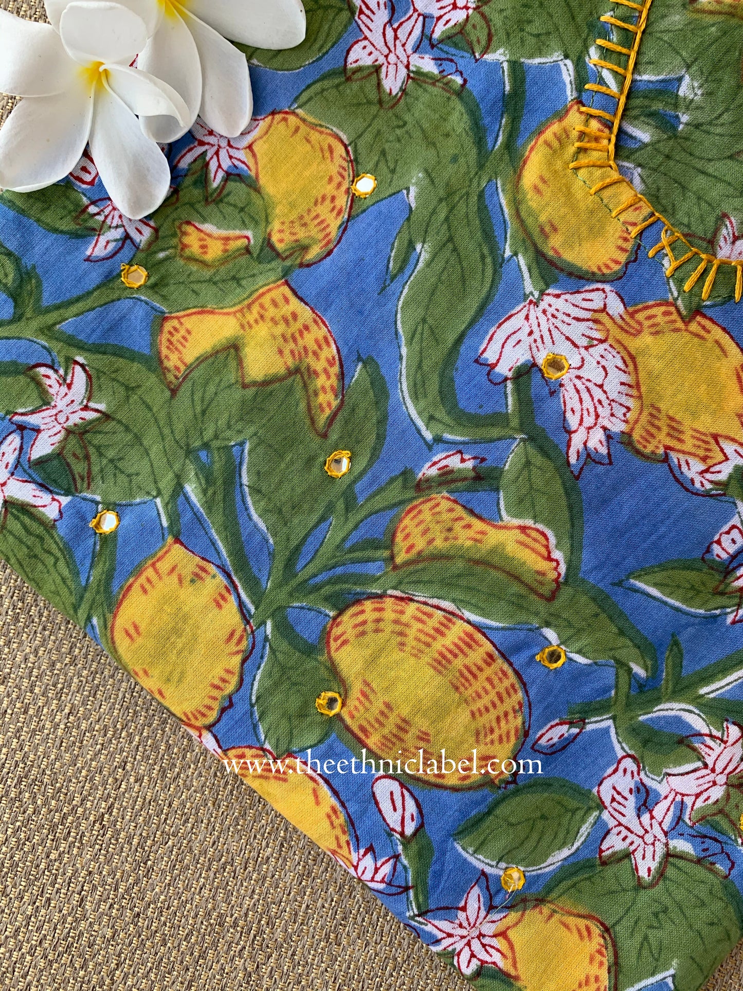 "Nimbu" Hand-embroidered Block Print Cotton kurta