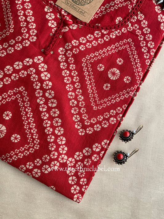 "Reenam" Bandhani Laced Cotton Kurta - L, XXL