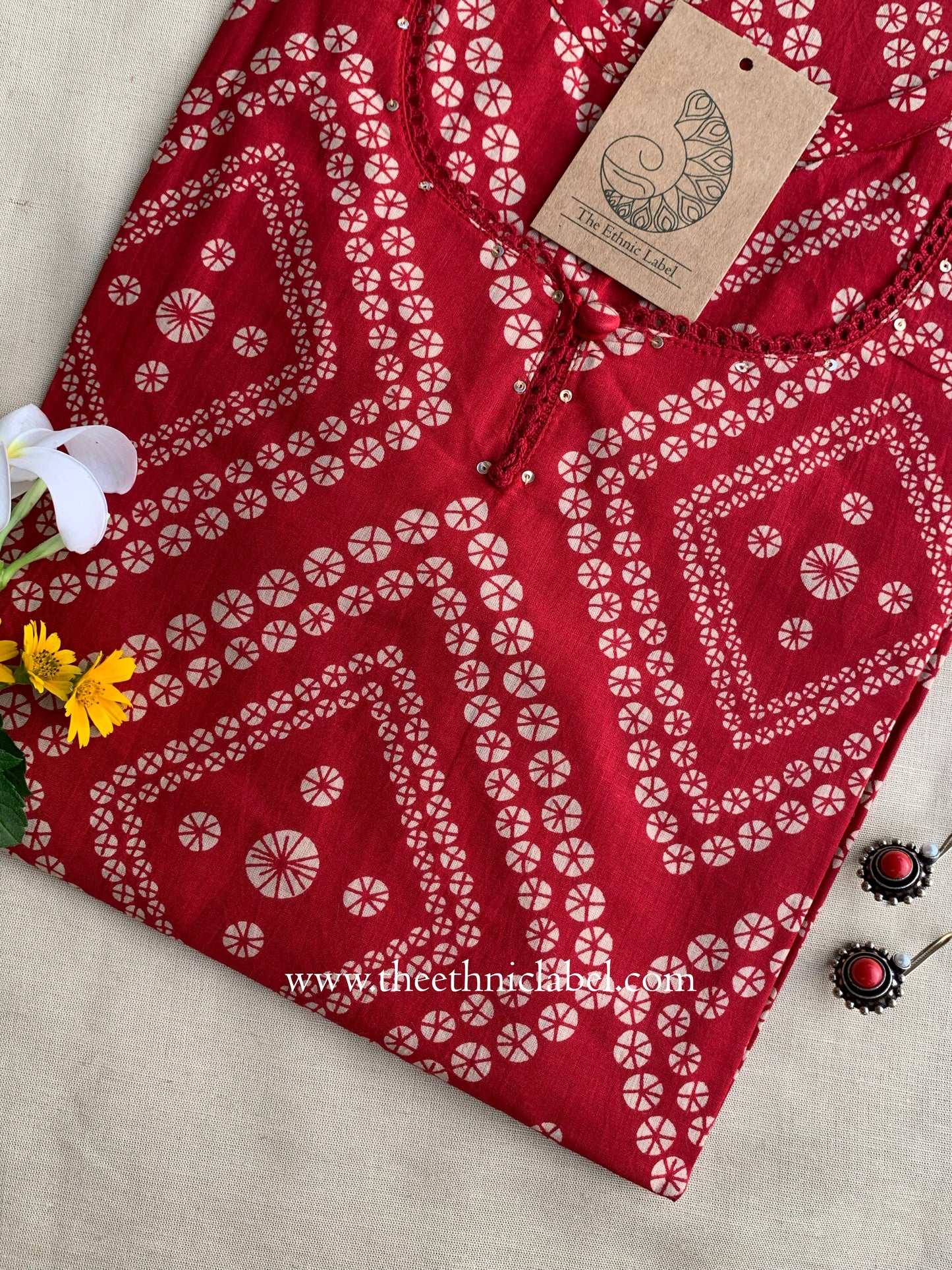 "Reenam" Bandhani Laced Cotton Kurta - L, XXL