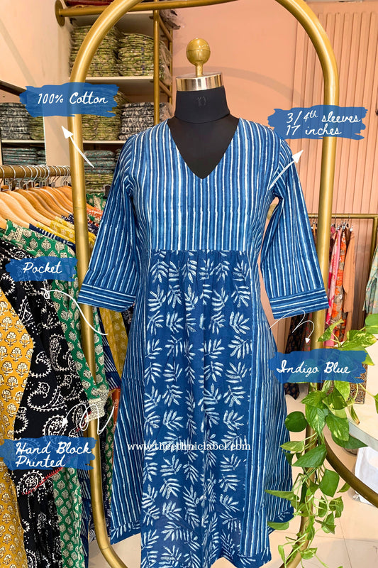 "Naira" A Line Hand Block Printed Indigo Cotton kurta