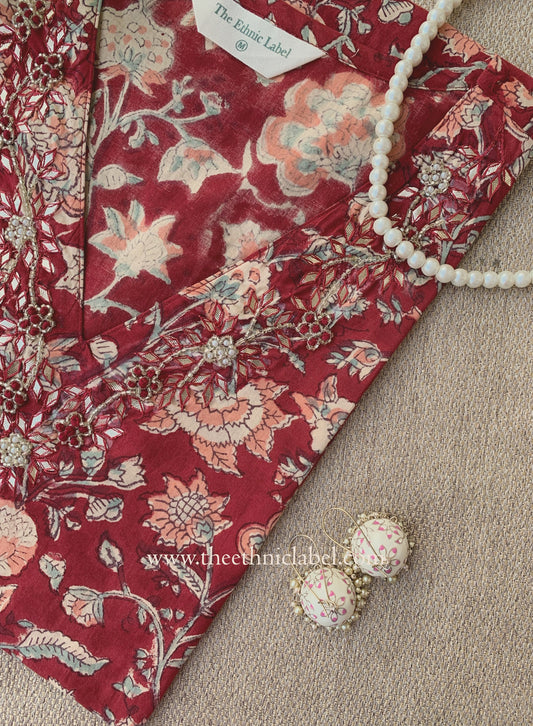 "Naqsh" Hand Embroidered Block Printed Red Cotton kurta