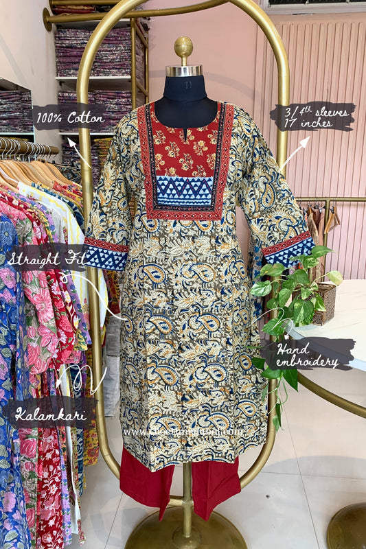 "Varnika" Beige Kalamkari Cotton kurta