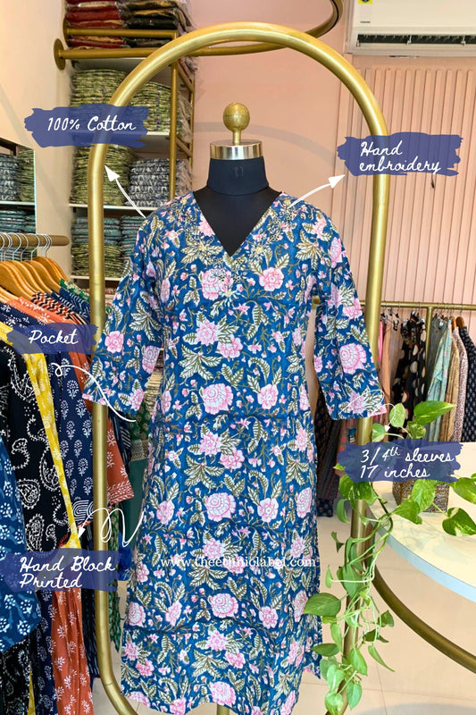 "Tarz" Hand Embroidered Block Printed Blue Cotton kurta