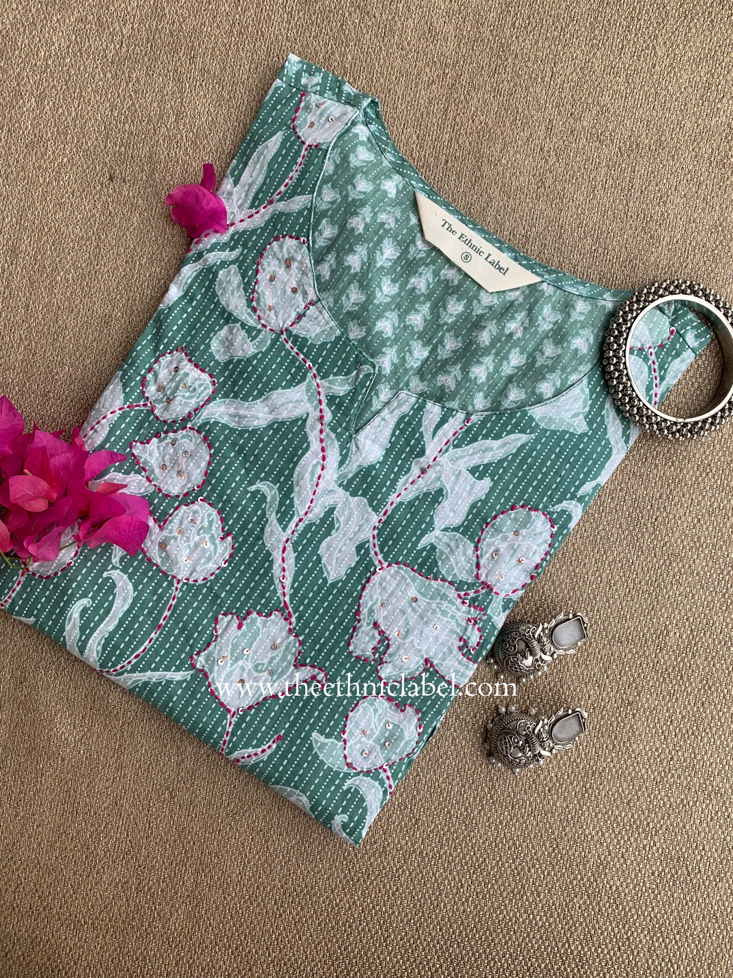 "Aabha" Green Kantha Cotton kurta - S