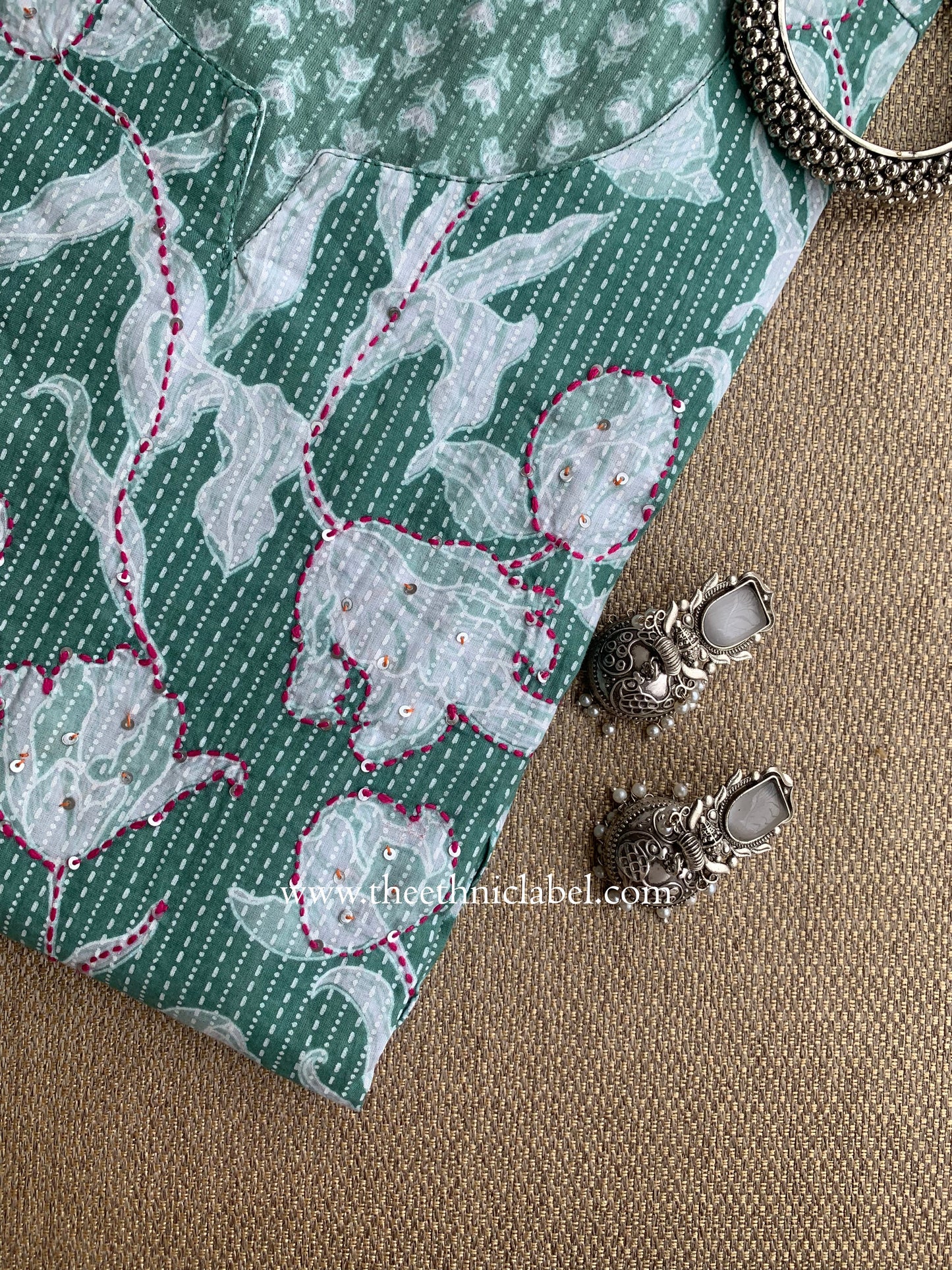 "Aabha" Green Kantha Cotton kurta - S