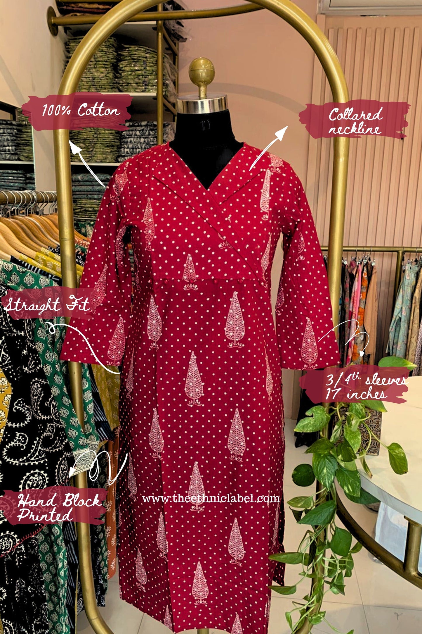 "Samra" Hand Block Printed Dark Red Cotton kurta
