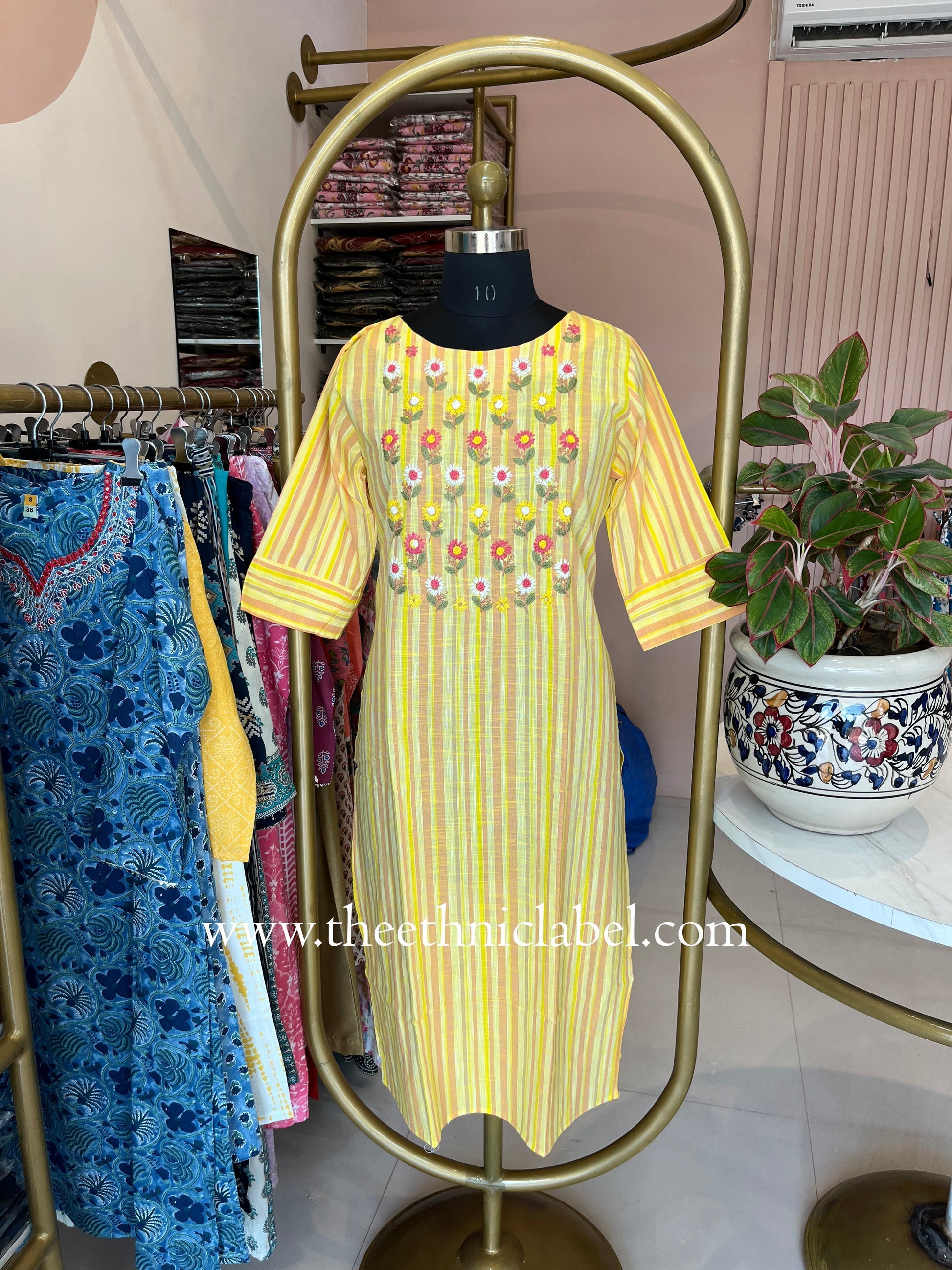 "Aabharan" Yellow Embroidered Cotton kurta - Image 2