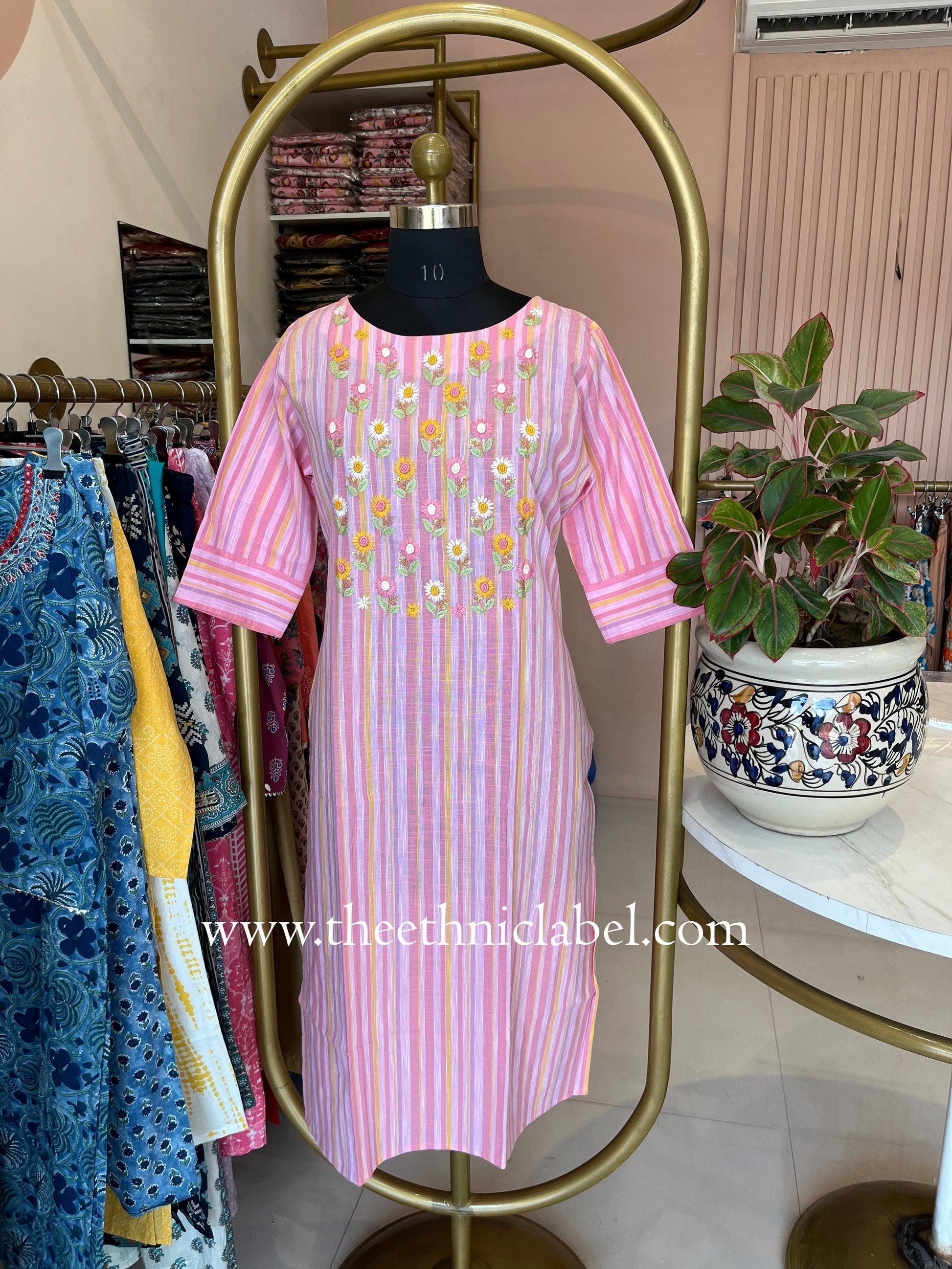 "Aabharan" Pink Embroidered Cotton kurta - Image 2
