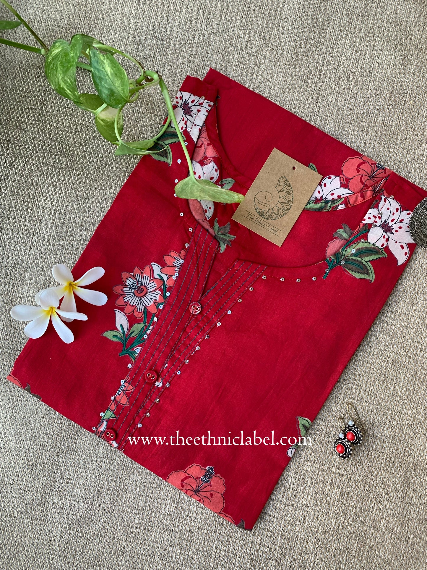 "Snehal" Red Printed Floral Cotton kurta