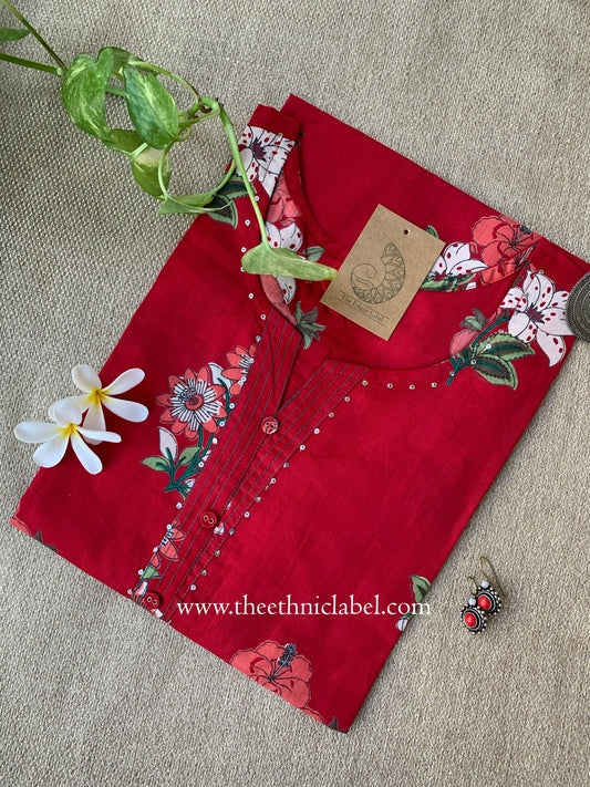"Snehal" Red Printed Floral Cotton kurta