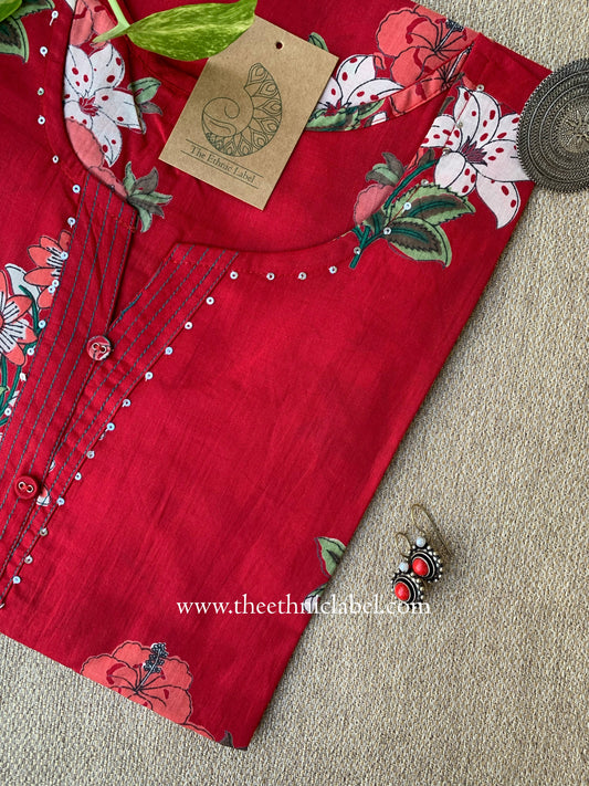 "Snehal" Red Printed Floral Cotton kurta