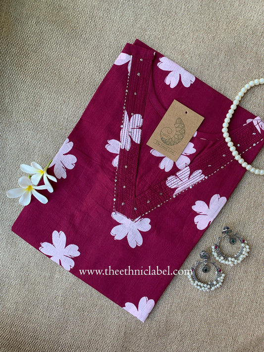 "Tulika" Wine Floral Pure Cotton Kurta
