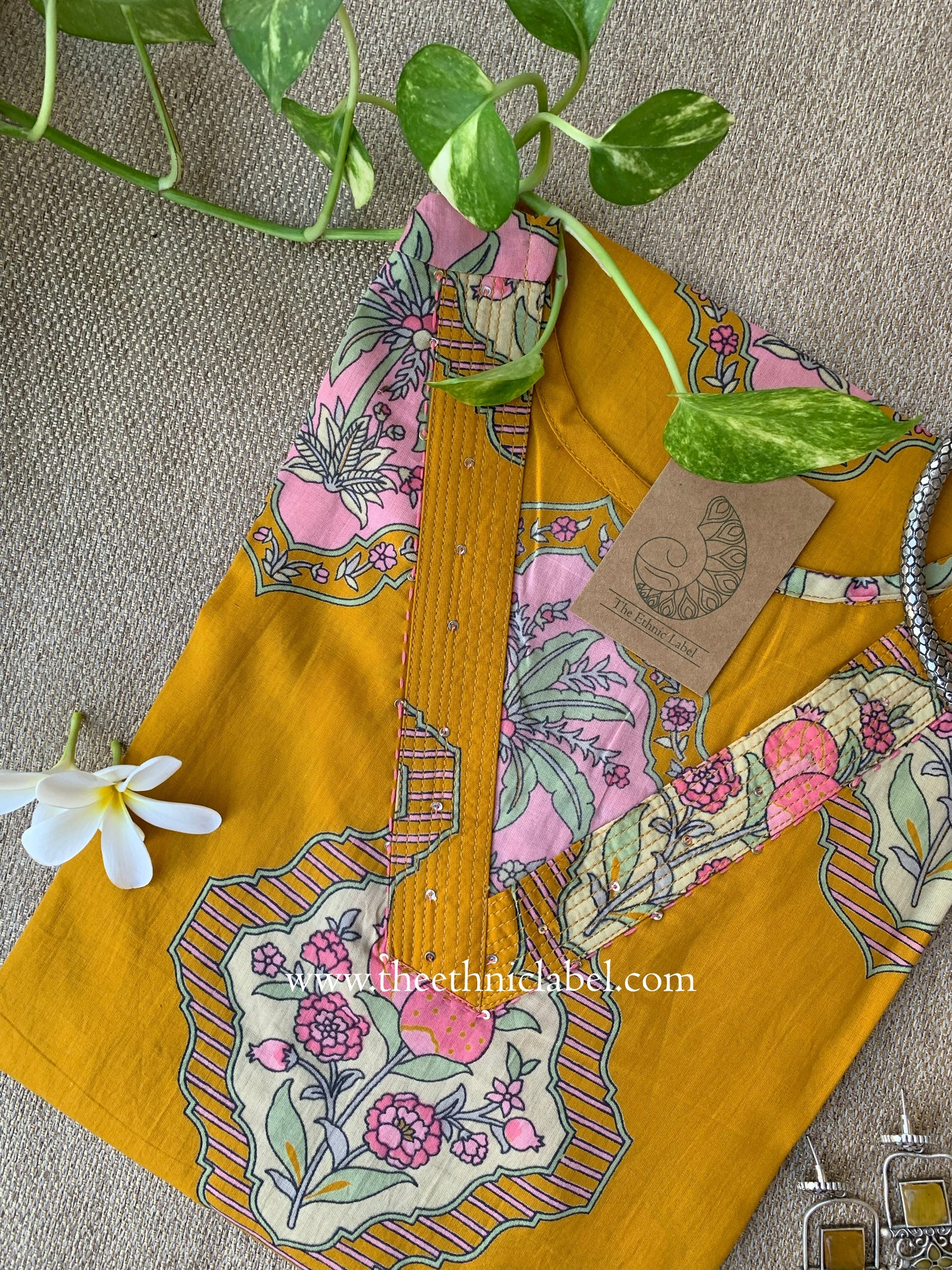 "Leela" Yellow Boota Pure Cotton kurta