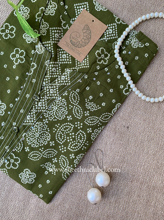 "Iqra" Green Bandhani Printed Cotton kurta