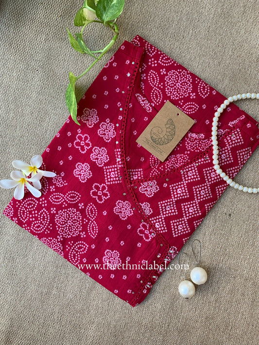 "Yusra" Pink Bandhani Angrakha Cotton kurta