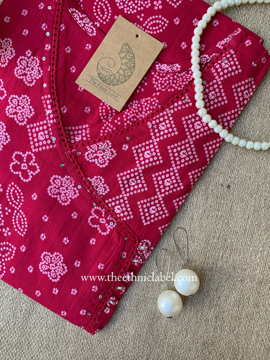 "Yusra" Pink Bandhani Angrakha Cotton kurta