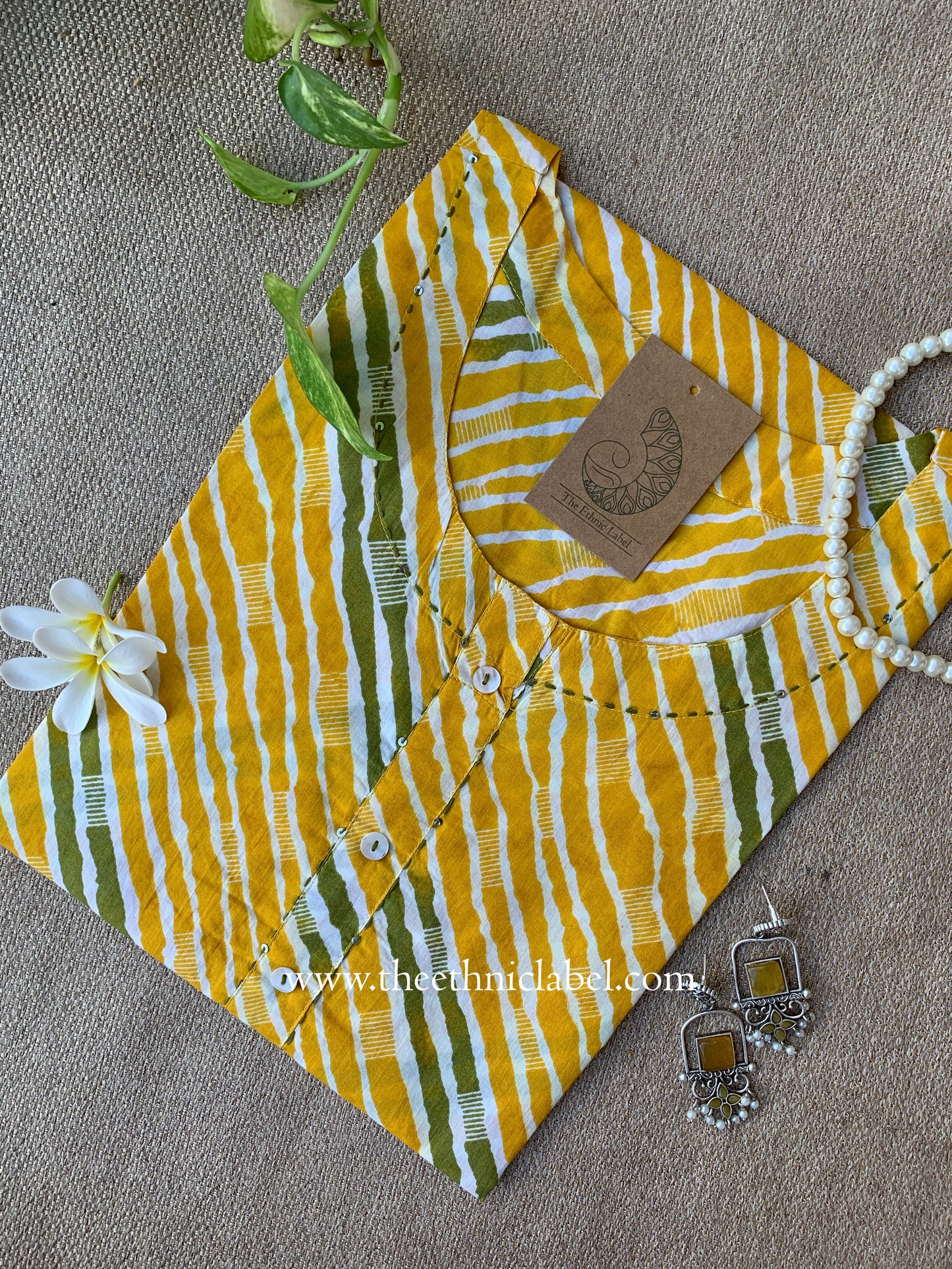 "Vasudha" Yellow Lehriya Printed Cotton kurta