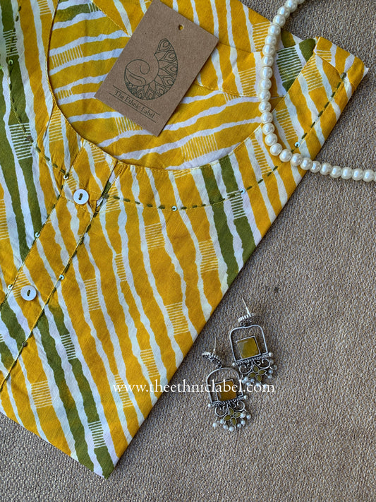 "Vasudha" Yellow Lehriya Printed Cotton kurta