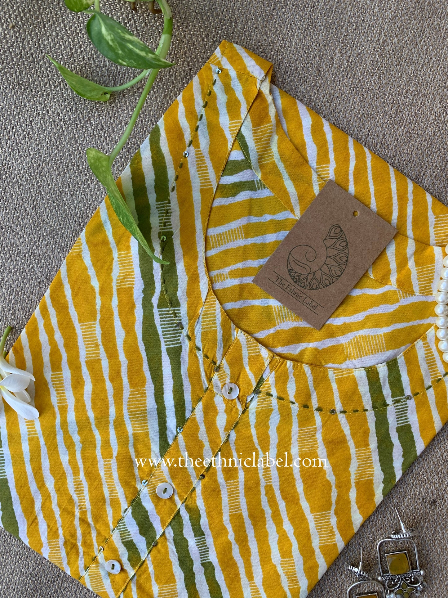 "Vasudha" Yellow Lehriya Printed Cotton kurta