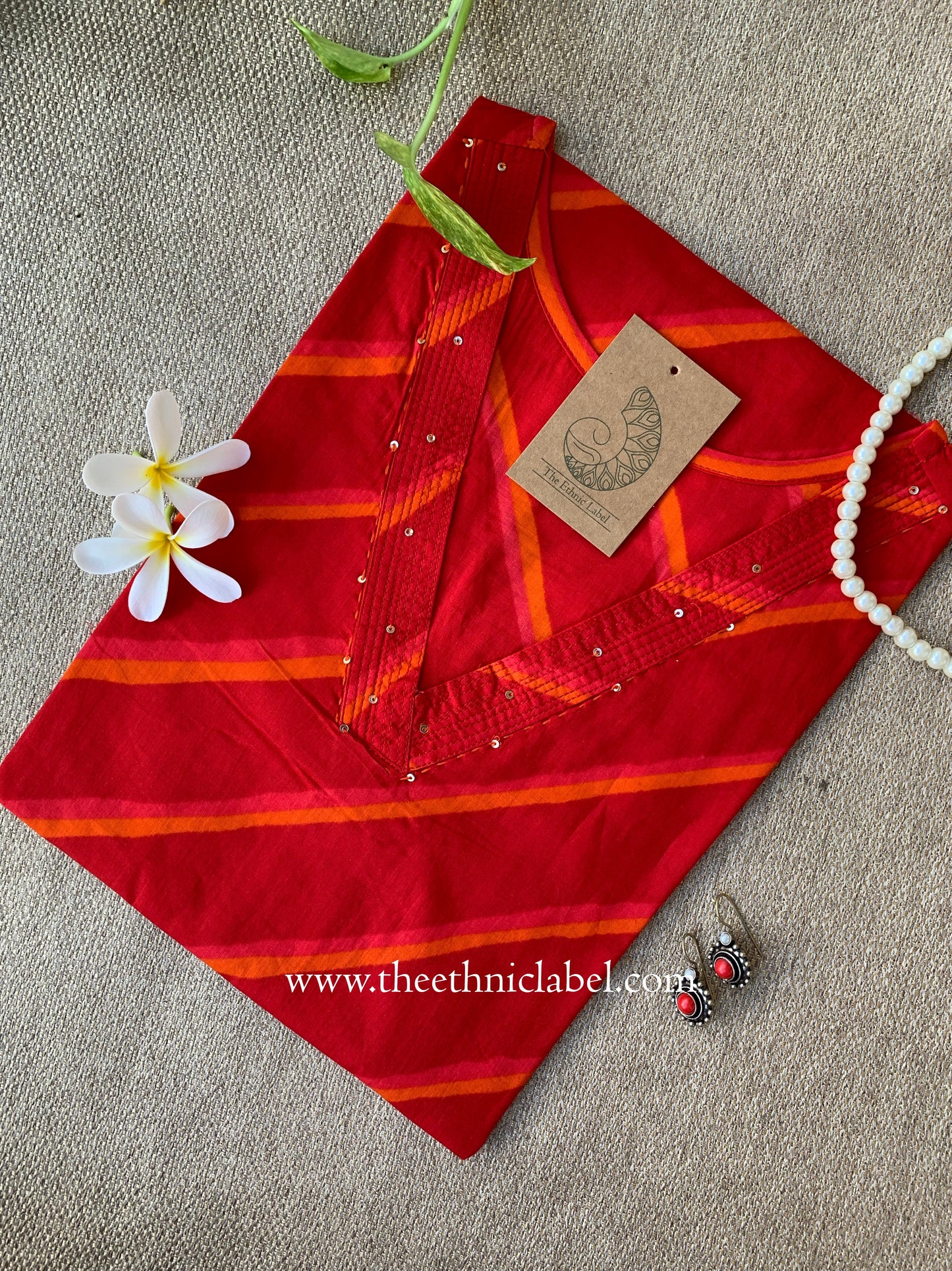 "Pariza" Red Lehriya Printed Cotton kurta