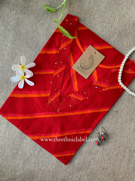 "Pariza" Red Lehriya Printed Cotton kurta
