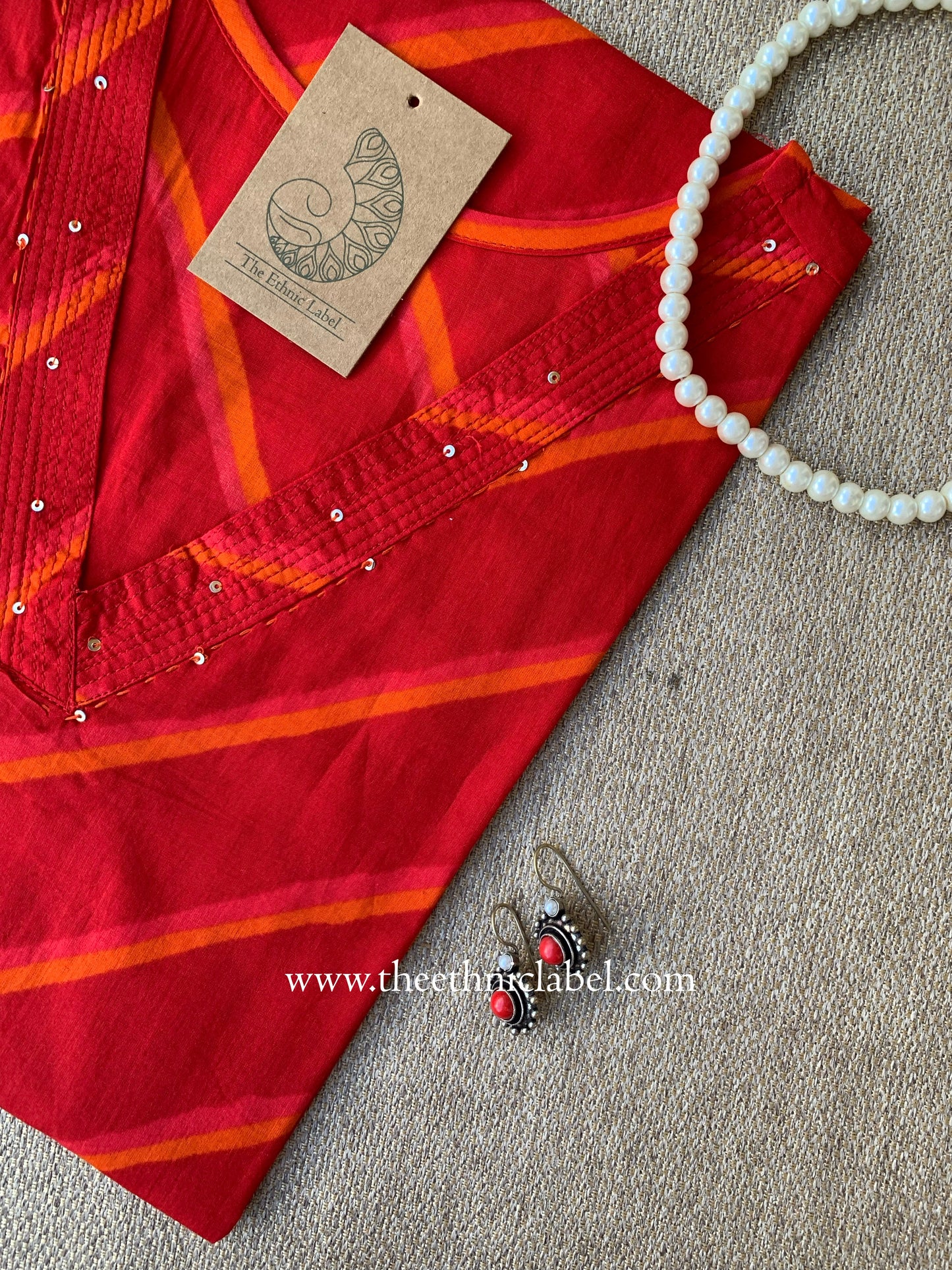 "Pariza" Red Lehriya Printed Cotton kurta