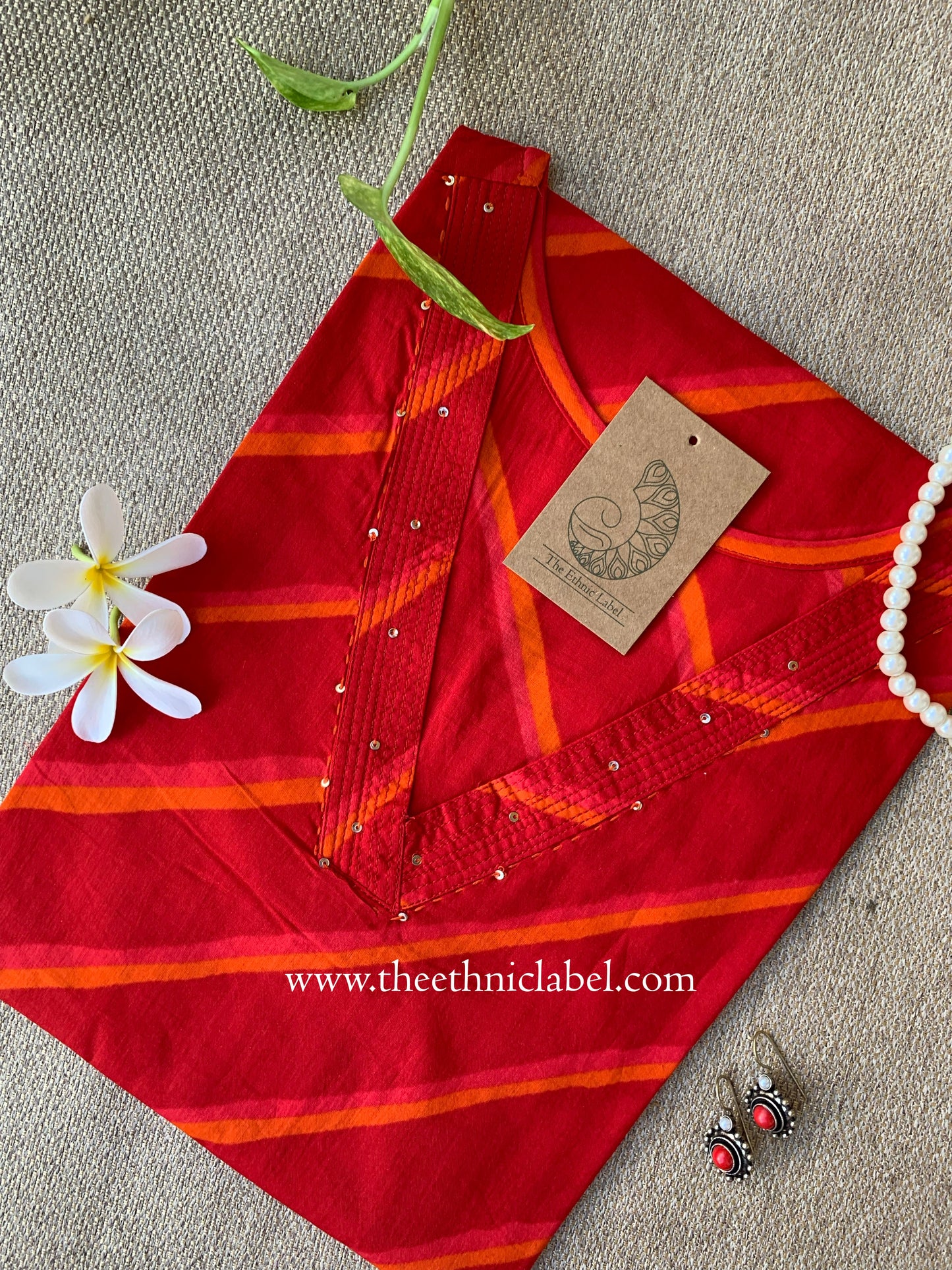 "Pariza" Red Lehriya Printed Cotton kurta