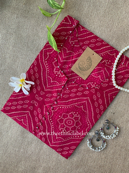"Shyla" Pink Bandhani Buttoned Cotton kurta