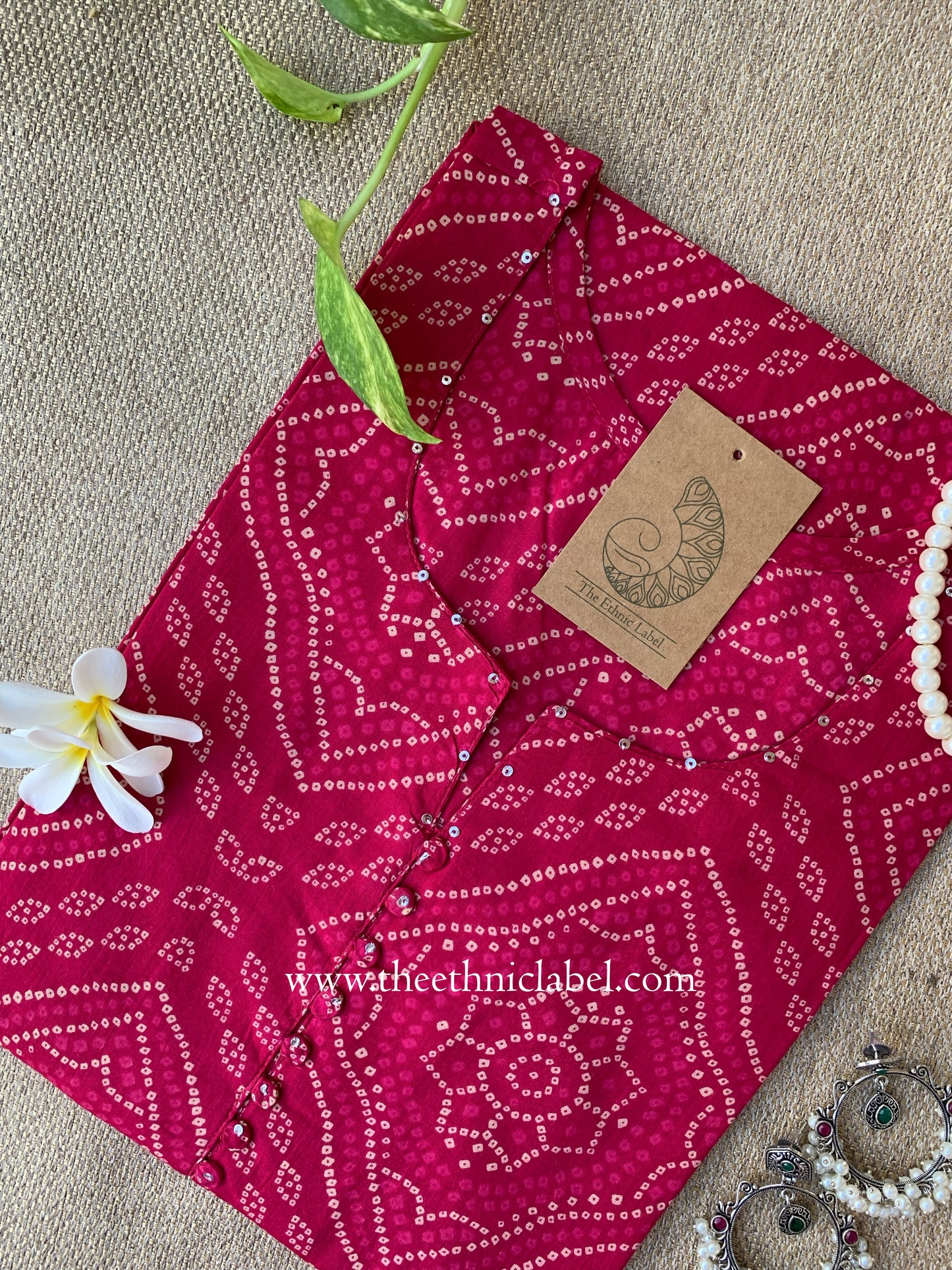 "Shyla" Pink Bandhani Buttoned Cotton kurta