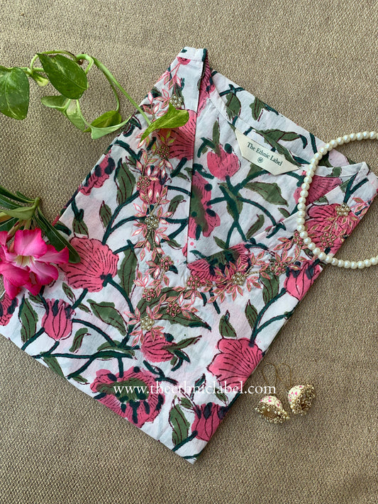 "Rupaka" Hand Embroidered Block Printed White Cotton kurta