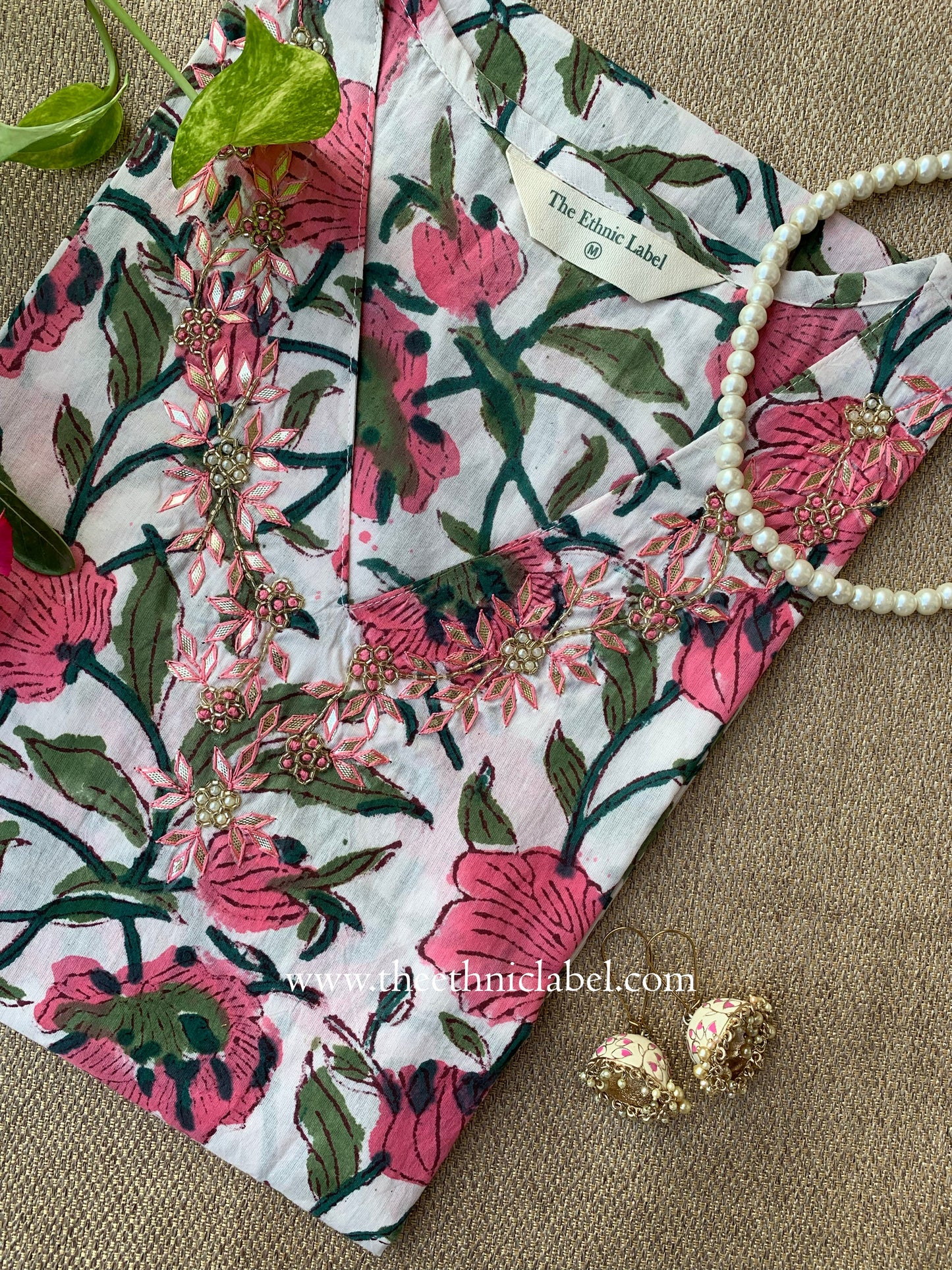 "Rupaka" Hand Embroidered Block Printed White Cotton kurta