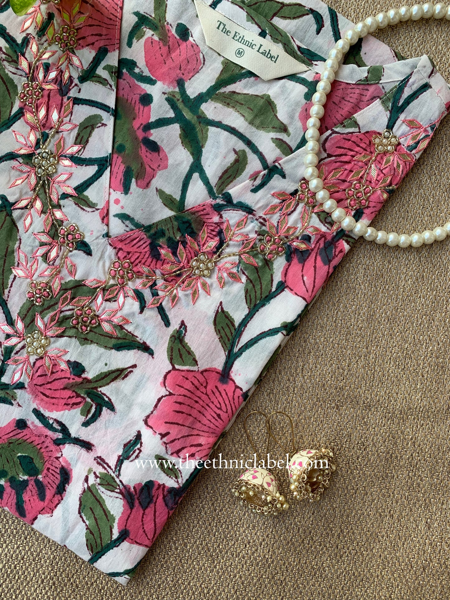 "Rupaka" Hand Embroidered Block Printed White Cotton kurta