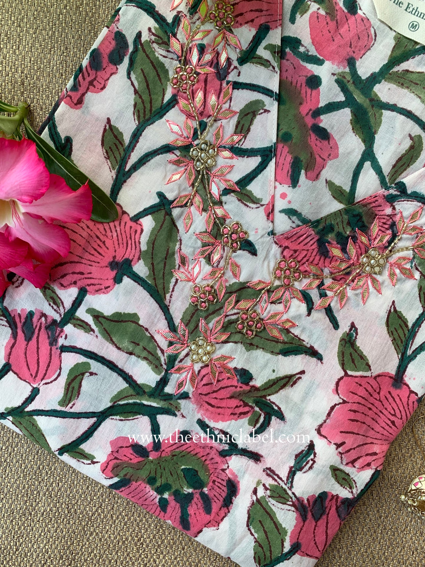 "Rupaka" Hand Embroidered Block Printed White Cotton kurta