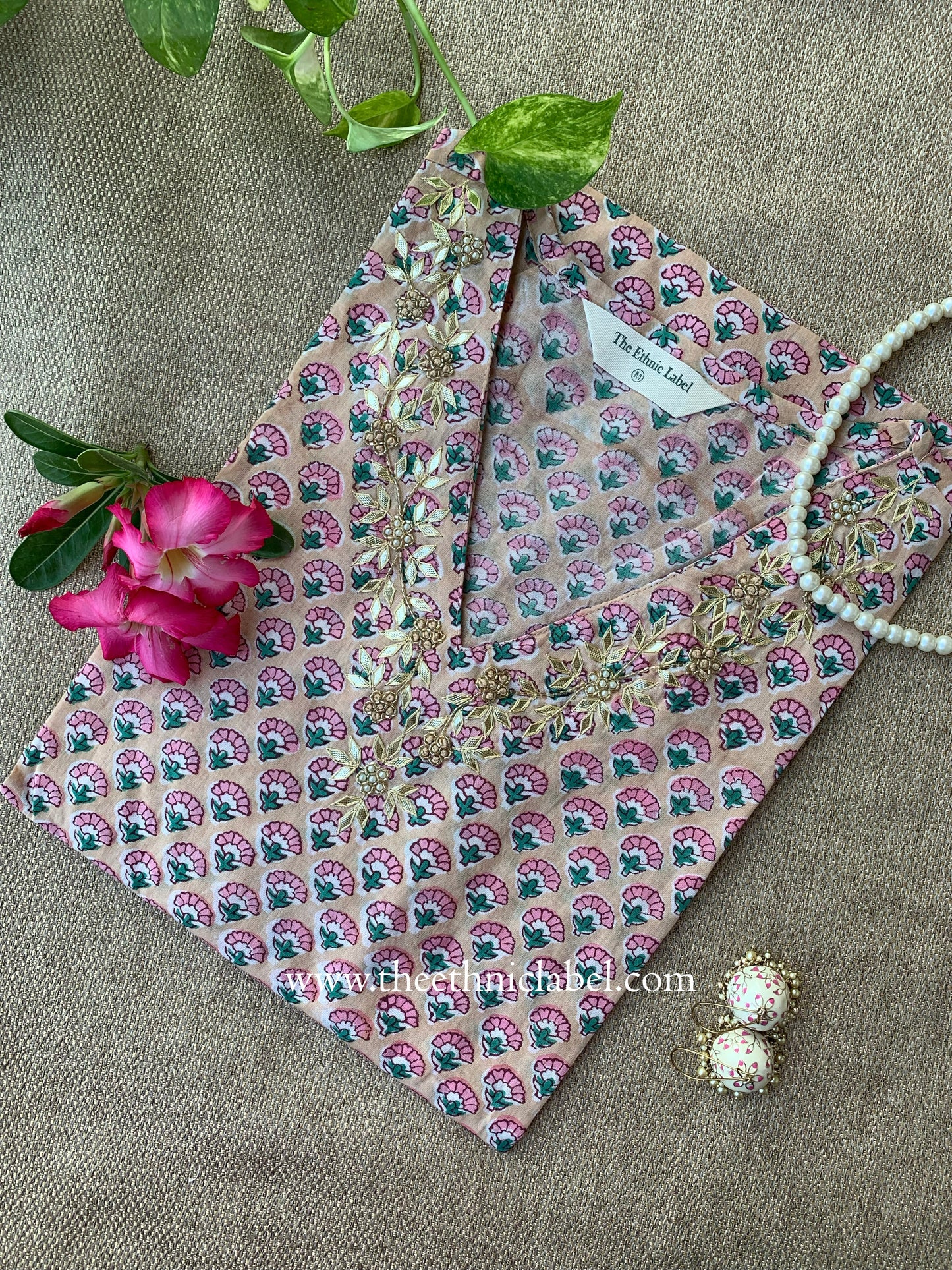 "Khidmat" Hand Embroidered Block Printed Peach Cotton kurta