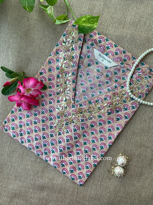 "Khidmat" Hand Embroidered Block Printed Peach Cotton kurta