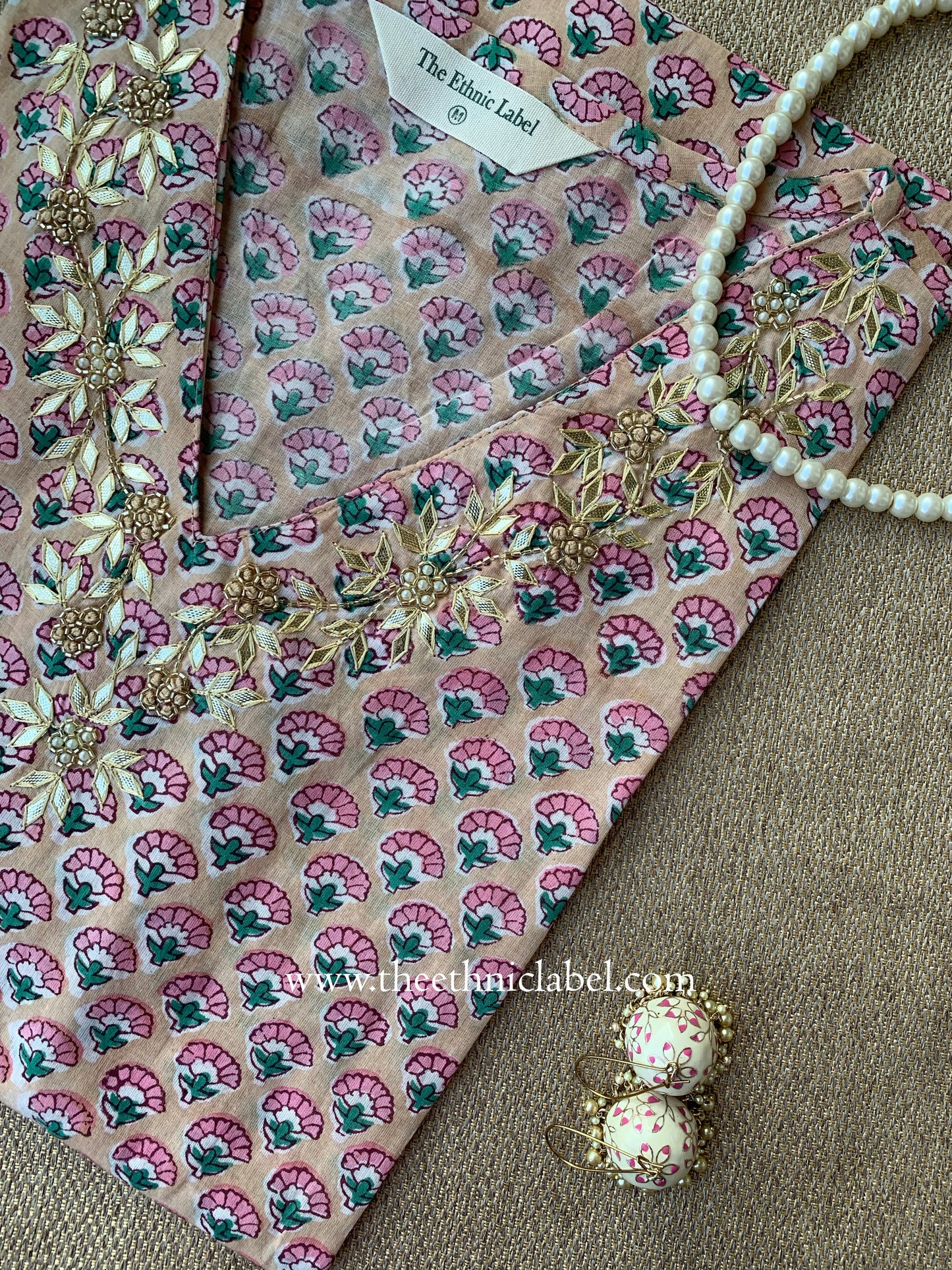 "Khidmat" Hand Embroidered Block Printed Peach Cotton kurta