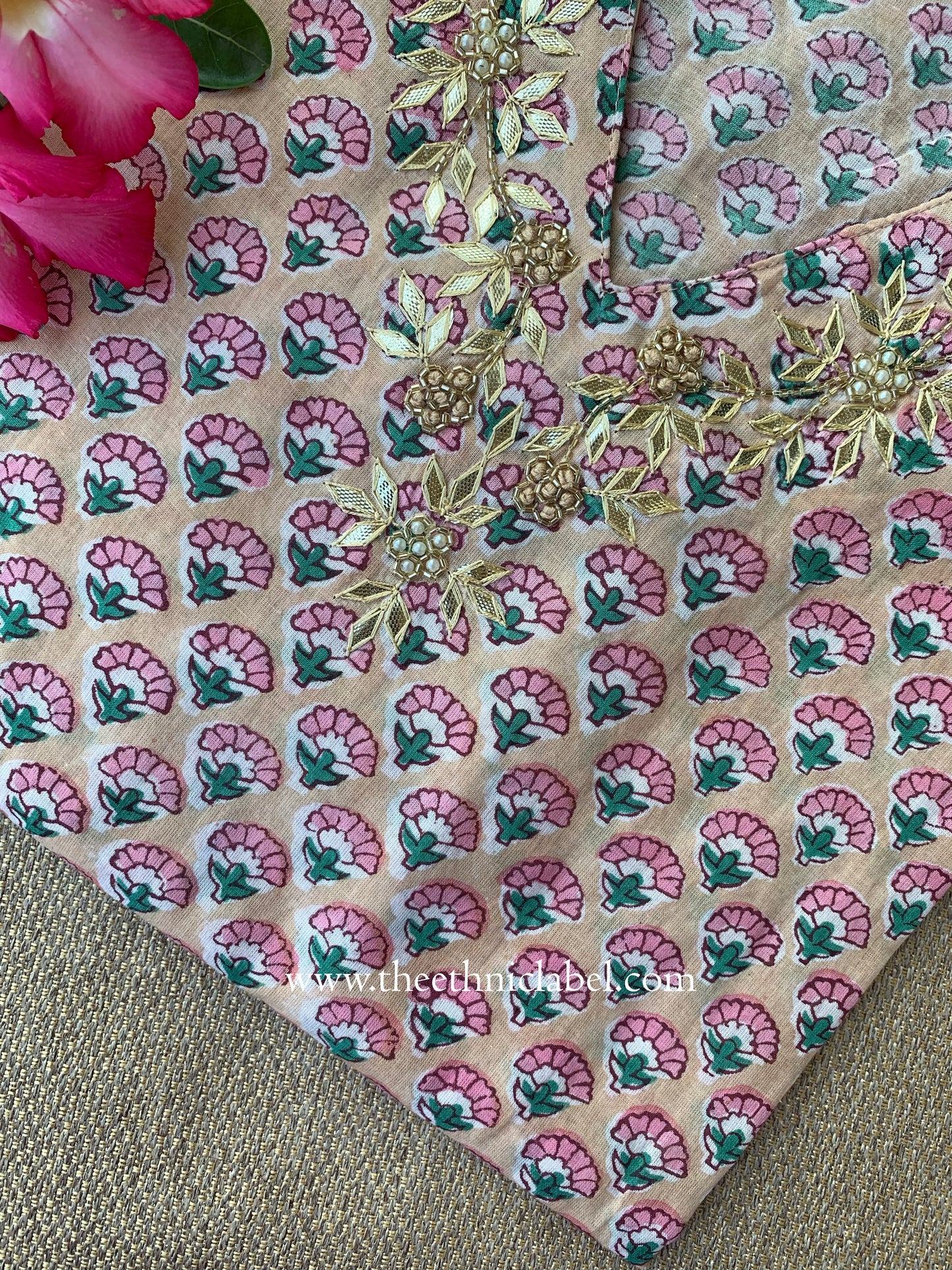 "Khidmat" Hand Embroidered Block Printed Peach Cotton kurta