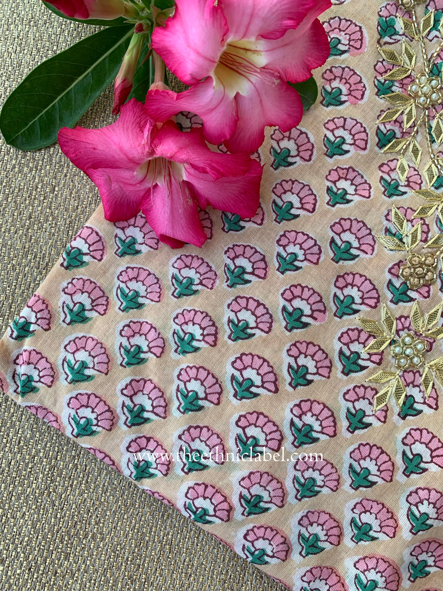 "Khidmat" Hand Embroidered Block Printed Peach Cotton kurta