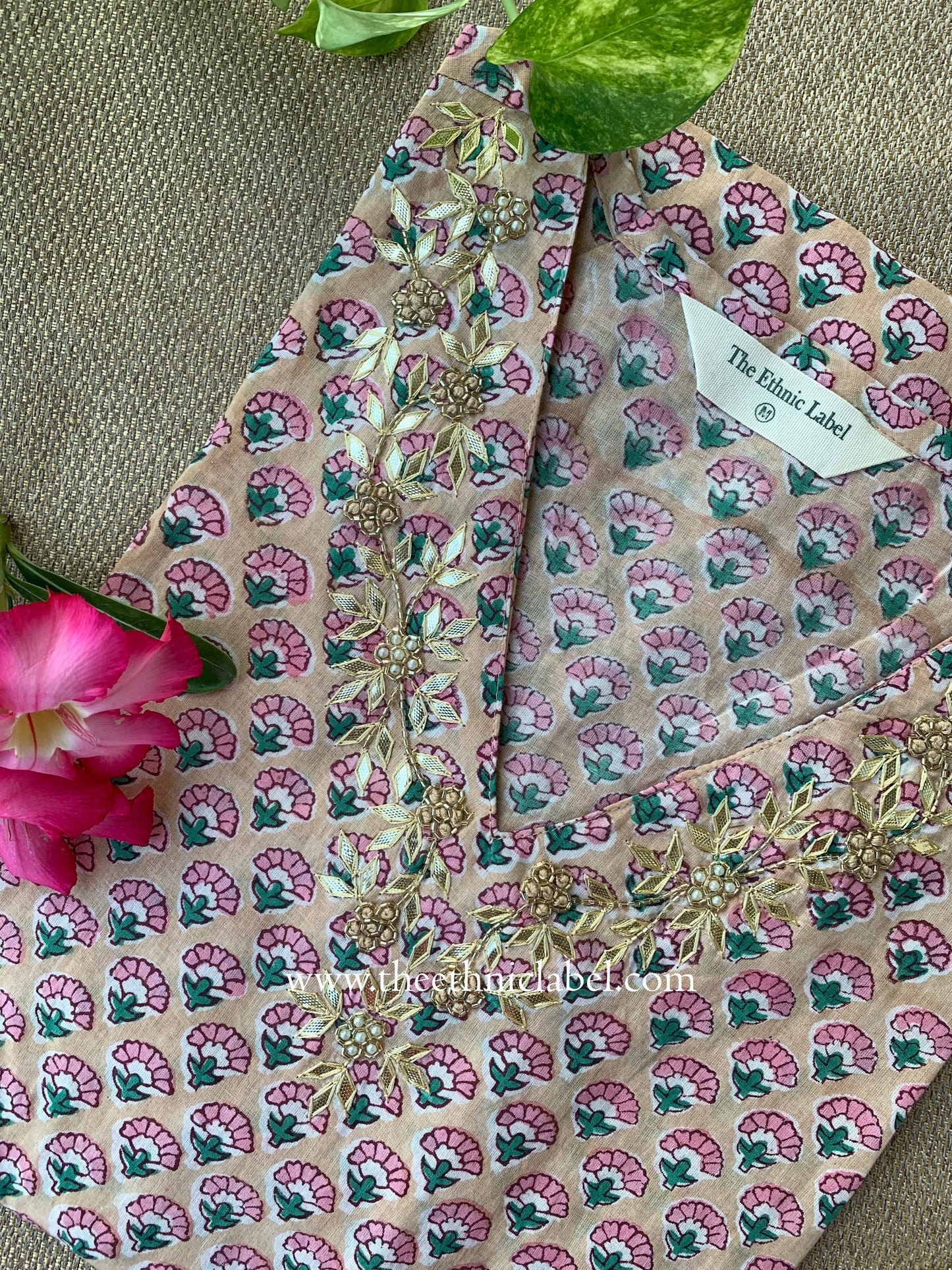 "Khidmat" Hand Embroidered Block Printed Peach Cotton kurta