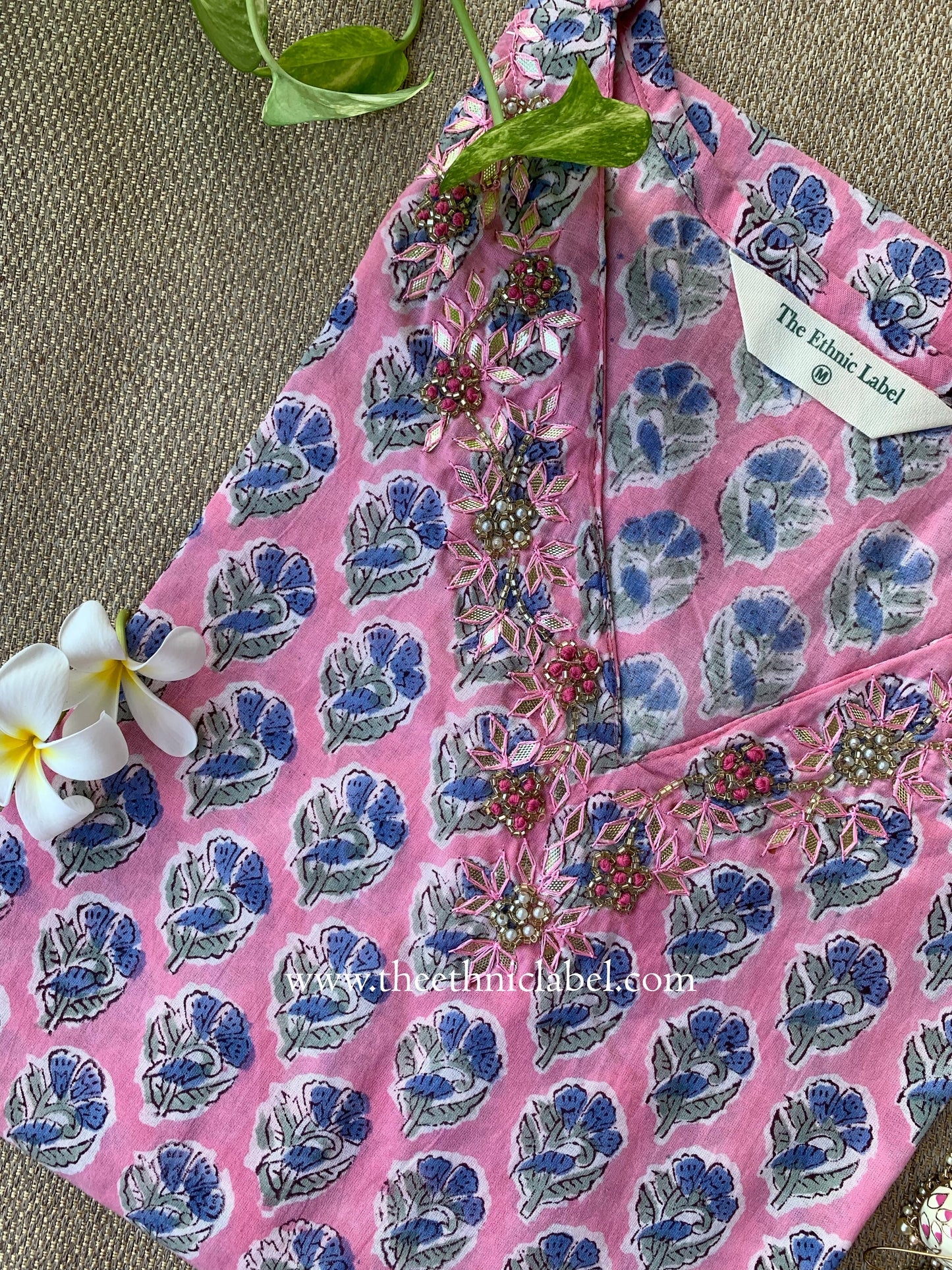 "Mridu" Hand Embroidered Block Printed Pink Cotton kurta