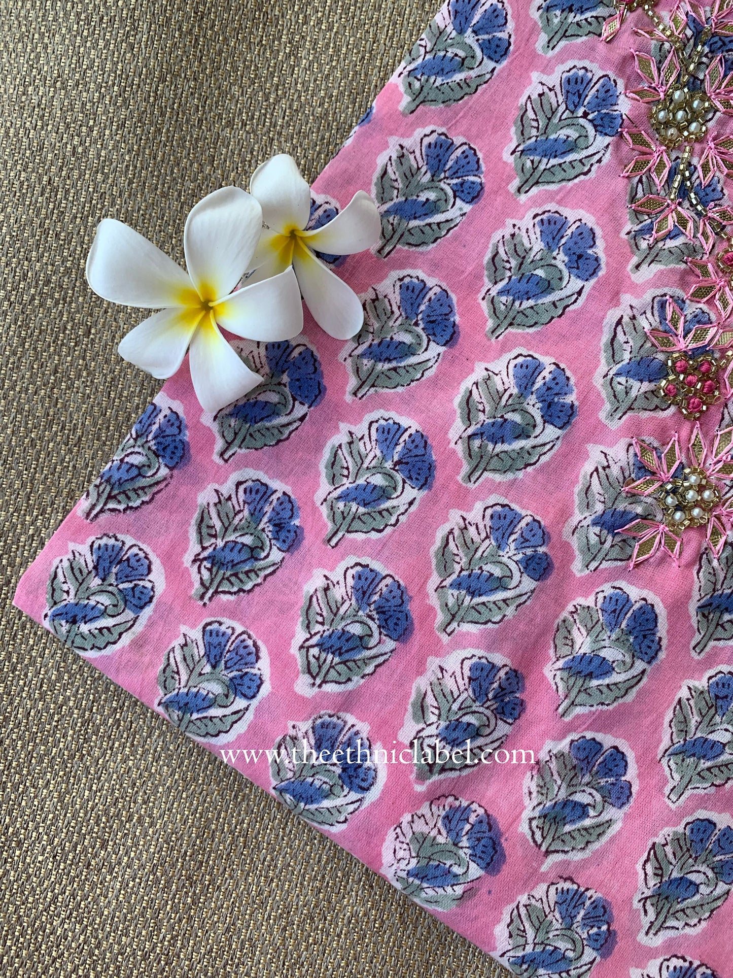 "Mridu" Hand Embroidered Block Printed Pink Cotton kurta