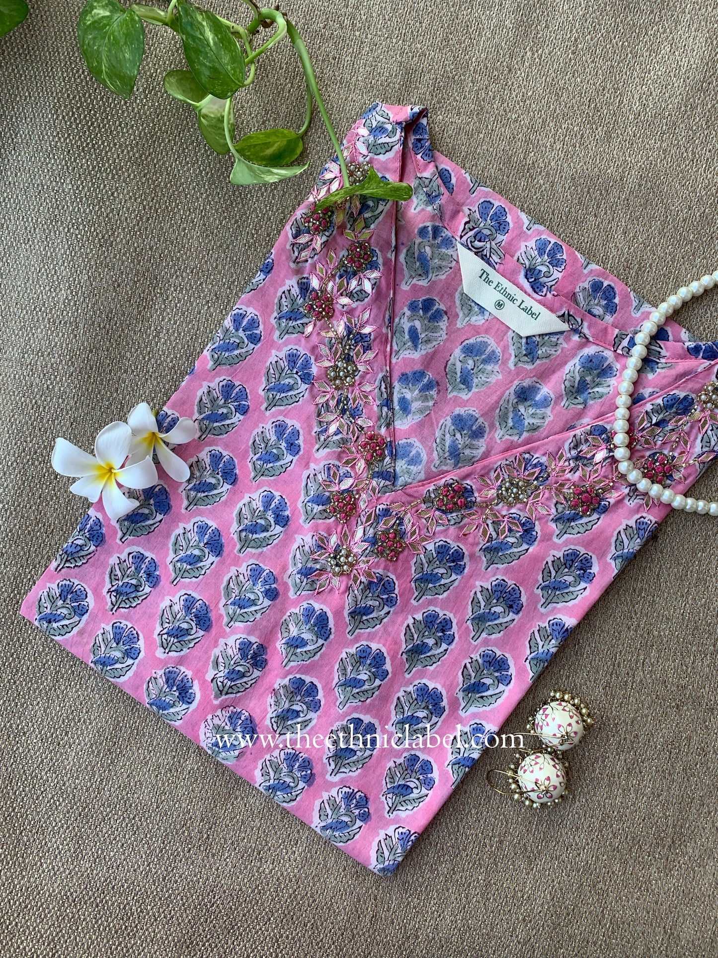 "Mridu" Hand Embroidered Block Printed Pink Cotton kurta