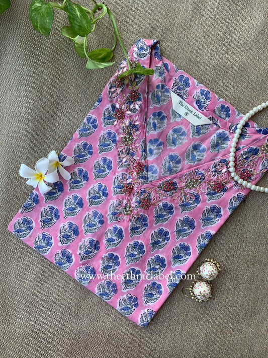 "Mridu" Hand Embroidered Block Printed Pink Cotton kurta